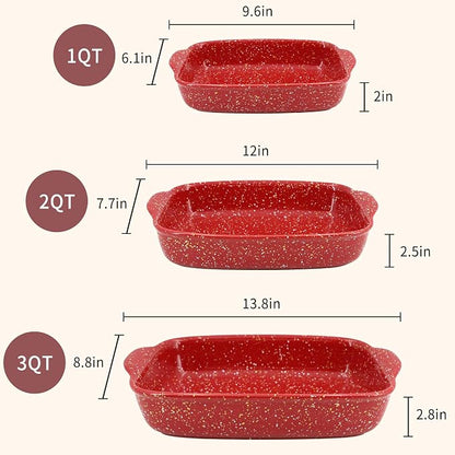 3-Pack Ceramic Lasagna Pan,Heavy-Duty Rectangular Baking Dishes, High Heat Resistant Oven-Safe Stoneware Casserole with Handles,Home Baking,Speckle Series(13.8''/12''/9.6'' Red)