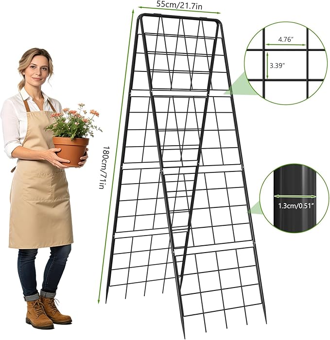 DoCred Cucumber Trellis, 71" H 2 Pack Metal Foldable Upgraded A Frame Garden Trellis for Raised Bed Climbing Plants, Vegetables, Including Plant Support Clips, Twist Ties, Plastic Ties, Black