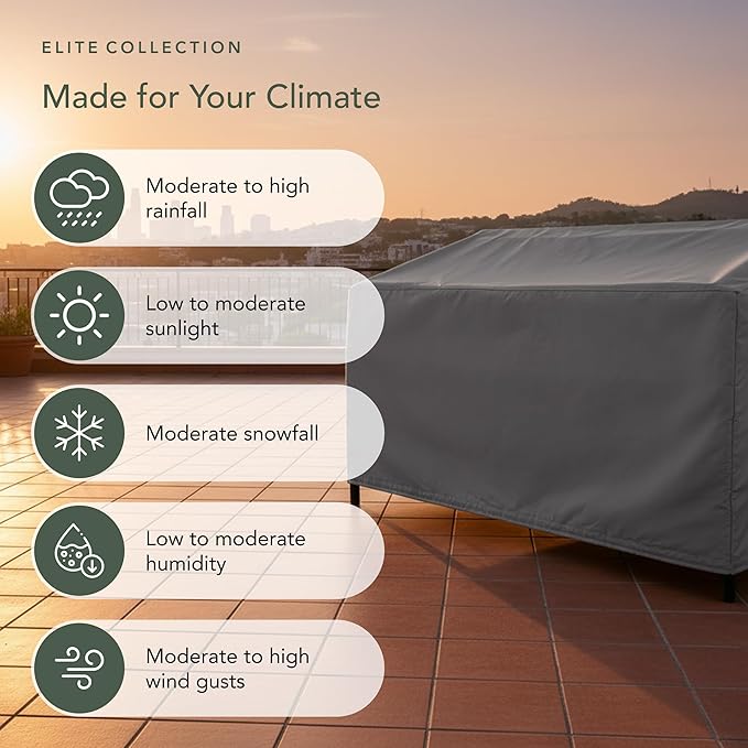 Covermates Elite Outdoor Patio Sofa Cover – Water-Resistant 300D Polyester, Double-Stitched Seams, Elastic Hem, Auto-Locking Drawcord & Mesh Vent for Moderate Weather, 62W x 32D x 34H, Charcoal