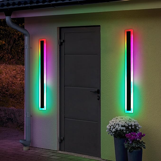 2 Pack Modern Outdoor Wall Light, 39.3inch RGB LED Wall Sconce, IP65 Waterproof, Multi-Color Dimmable Light Fixture, Wall Mounted Lamps for Porch, Patio, Garage, House, with Remote Control
