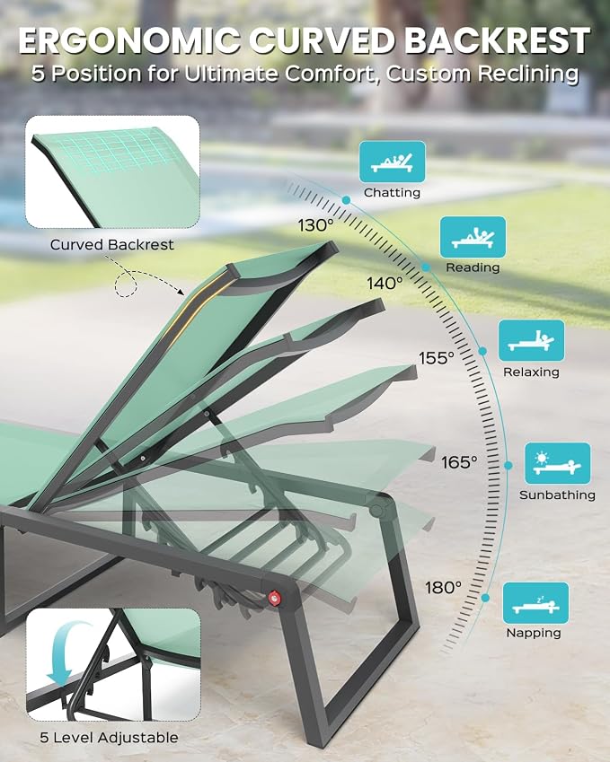Aluminum Chaise Lounge Chair Outdoor, Foldable& No Assembly Patio Pool Lounge Chairs 5-Position Recliner for Outside, Fully Grounded Legs Sun Lounger for Poolside, Light Green