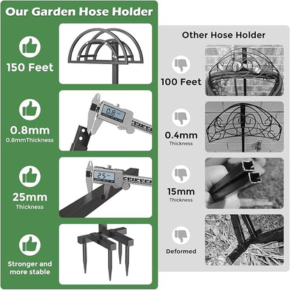 OLV Garden Hose Holder, Heavy Duty Freestanding Outdoor Water Hose Holder Stand Holds 150-ft Hoses, Detachable Metal Garden Storage Hanger Rack Organizer for Outside Yard Lawn Farm