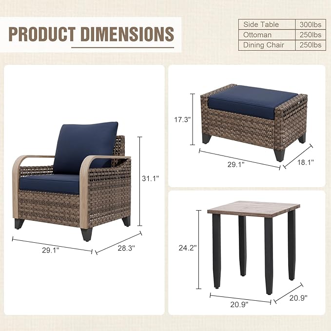 Modern Wicker Bistro Table and Chairs Set, Rattan Outdoor Bistro Set with Patio Chairs, Ottomans & Table, 5 Pieces, Brown/Blue