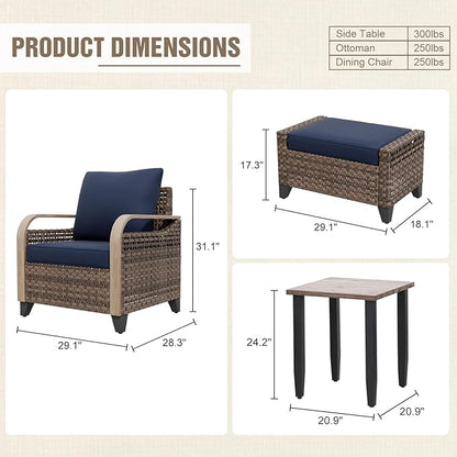 Modern Wicker Bistro Table and Chairs Set, Rattan Outdoor Bistro Set with Patio Chairs, Ottomans & Table, 5 Pieces, Brown/Blue