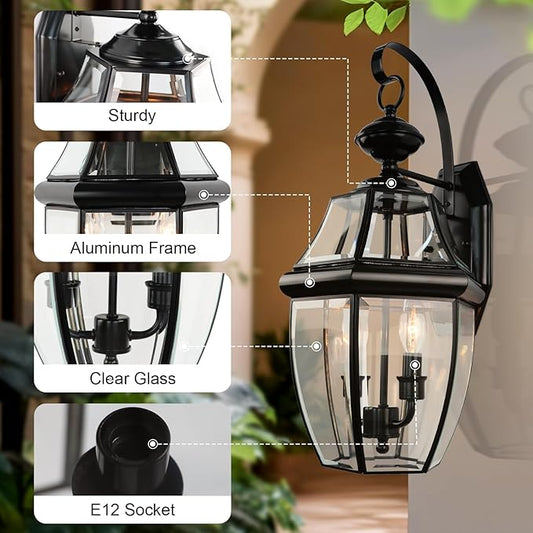 Outdoor Wall Lights, 20inch Large Exterior Lighting Fixtures, 2 Light Waterproof Wall Sconce with Glass Shades, Aluminium Outside Lanterns for Porch Farmhouse Patio Doorway Yard (E12 Base Max 60W )