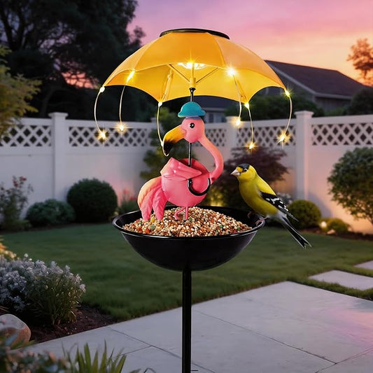 Solar Bird Feeder Garden Decor, Outdoor Solar Lights with Umbrella, Hummingbird Feeder Decorative Path Lights Yard Art Ornament Bird Feeder (Flamingo)