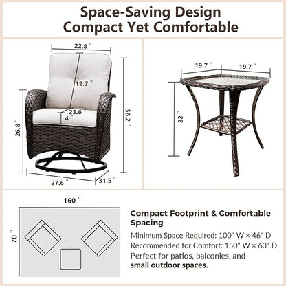 Outdoor Swivel Rocking Bistro Set, 3-Piece PE Patio Furniture Set with Cushions and Glass Table, All-Weather 360° Rotating Wicker Chairs and Table Set for Porch, Deck, Balcony, Backyard