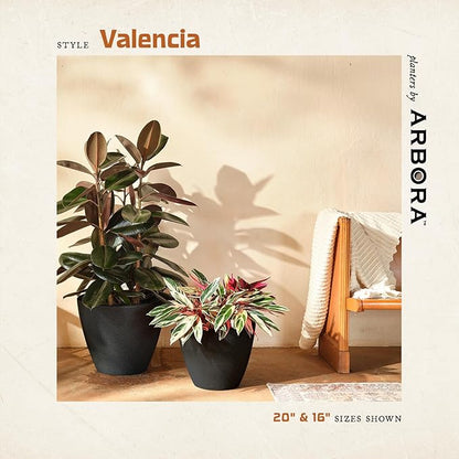 ARBORA 16" Valencia Polyresin Indoor and Outdoor Planter with Classic Black Finish - Durable, Weatherproof, Lightweight, Large Plant Pot for Patio, Garden, Deck, Entryway
