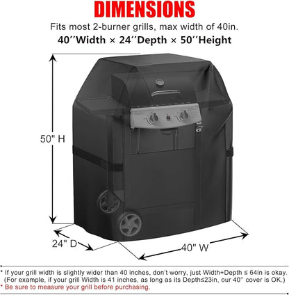 Grill Cover, 40 inch Heavy Duty BBQ Gas Grill Cover for Outdoor Grill, Waterproof, Weather Resistant, Anti-UV, Rip-Proof, Fade Resistant Barbecue Cover with Hook-and-Loop Straps for Most Grills
