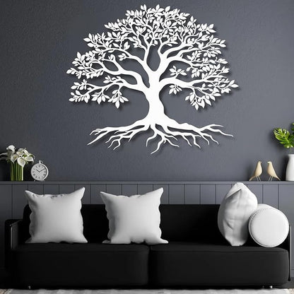 VTHTA Large Tree of Life Metal Wall Art,Tree Wall Sign for Living Room Bedroom Indoor Outdoor Garden Home Decoration (White, 28" Wx24 H/70x61cm, Metal Wall Art)