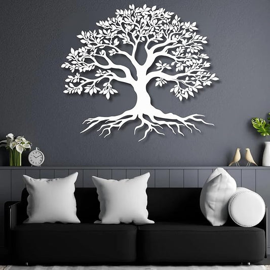 VTHTA Large Tree of Life Metal Wall Art,Tree Wall Sign for Living Room Bedroom Indoor Outdoor Garden Home Decoration (White, 28" Wx24 H/70x61cm, Metal Wall Art)