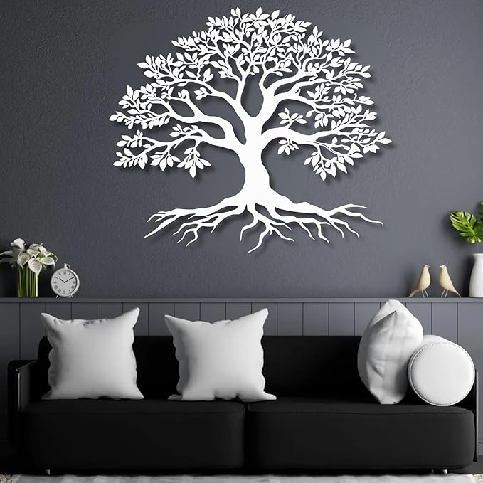 VTHTA Large Tree of Life Metal Wall Art,Tree Wall Sign for Living Room Bedroom Indoor Outdoor Garden Home Decoration (White, 24" Wx20 H/60x52cm, Metal Wall Art)