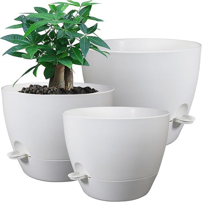 UOUZ Large Self Watering Pots, 12/10/9 Plastic Planters with High Drainage Holes and Deep Reservoir for Indoor Outdoor Garden Plants and Flowers, White