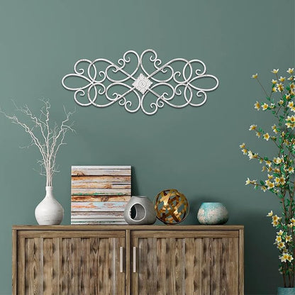 Sintosin White Flower Scroll Metal Wall Art Decor 32" x 13", Hanging Vintage Large Floral Wrought Iron Wall Decor, Farmhouse Wall Sculptures Decorations for Living Room Bedroom Indoor Outdoor