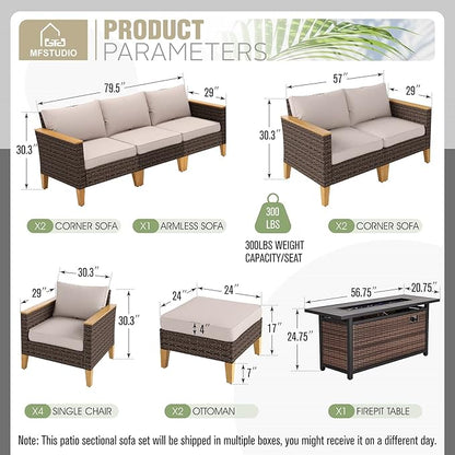 MFSTUDIO 9 Piece Wicker Patio Furniture Set with 56" Fire Pit Table, All-Weather PE Rattan Patio Sectional Sofa Conversation Set with 50000 BTU CSA Approved Fire Pit Table & Beige Cushion
