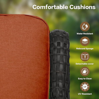 3 Pieces Patio Furniture Conversation Set PE Rattan Wicker Outdoor with 2 Armrest Chair and 1 Coffee Side Table, Soft Thick Washable Cushion for Yard Backyard Poolside Garden (Brown/Orange)