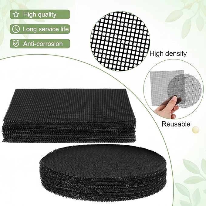 JJUNW 100Pcs Bonsai Pot Meshs Pad, 4 inch Round&Square Flower Pot Hole Mesh, Drainage Mesh Hole Screens Durable Reusable Bonsai Bottom Grid Mat Gardening Essentials