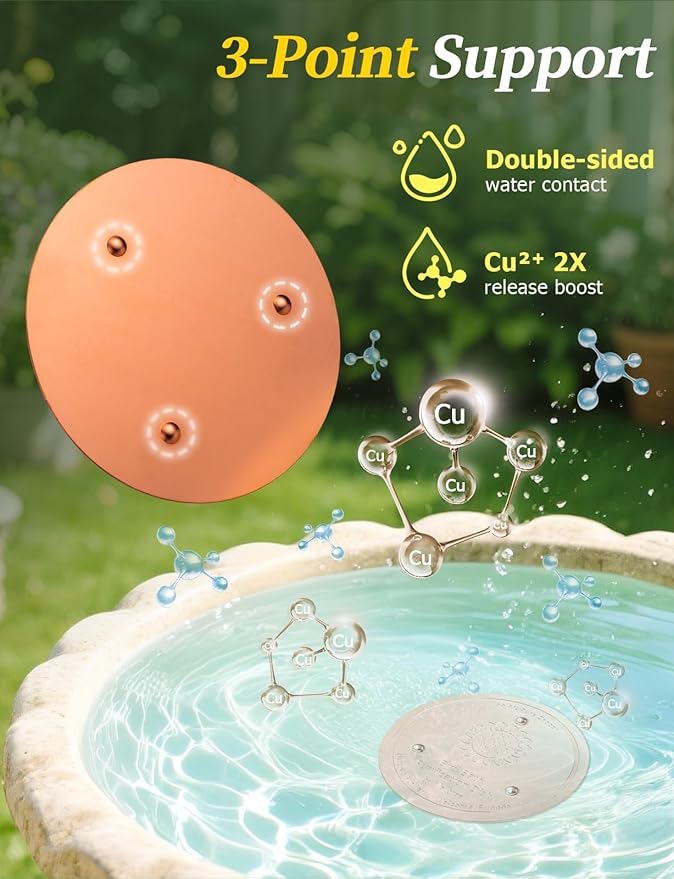 Mellbree 3-Pack Bird Bath Copper Disc, 0.6mm Reinforced 99.99% Pure Copper Cleaning Disk with Triple-Point Support for Physical Safe Clean Water All-Season (Sunflower)