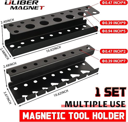 ULIBERMAGNET Magnetic Screwdriver Holder,Magnetic Wrench Holder,Heavy Duty Black Metal Tool Storage Organizer,Set of 2 Magnetic Mount Tool Holder for Garage,Workbench,Tool Cart,PegBoard