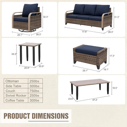 Modern Wicker Patio Furniture Set, Rattan Outdoor Conversation Set, 4 Swivel Rocking Chairs, 3 Seat Couch, 2 Ottomans, Coffee Table and Side Table, 9 Pieces, Brown/Blue