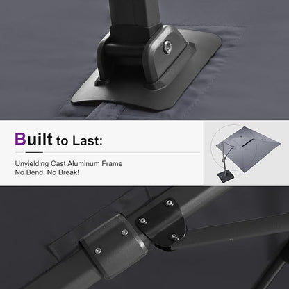 PURPLE LEAF 10' X 13' Cantilever Outdoor Umbrellas Large Patio Umbrella Hanging Double Top Rectangle Offset Umbrella with 360°Rotation Tilting Umbrella Outdoor Patio Grey