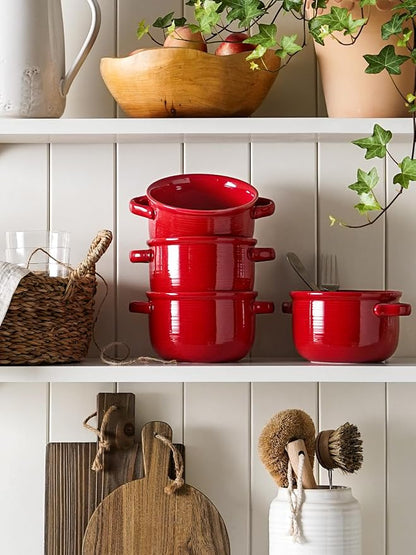 LE TAUCI Soup Bowls with Handles - 28 oz Lead-Free Ceramic French Onion Crocks, Oven and Microwave Safe, Heat-Resistant Design, Stackable, Dishwasher Safe, Set of 4, Red