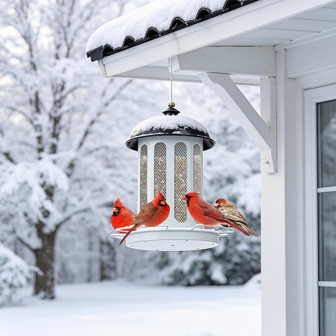 Bird Feeder, Large Capacity Bird Feeders for Outdoor Hanging, Heavy Duty Metal Wild Birdfeeder for Outside Garden Yard Decor, Retro Lantern Shape (Black & White)