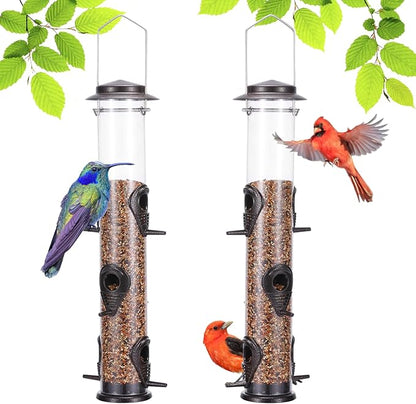 Metal Bird Feeder Tube Hanging Wild Bird Seed Feeder Aluminum Six Port Bird Feeders,1.4 mm Extra Thick Solid Tube Transparent with Steel Hanger Great for Attracting Birds (Coffee 2PK)