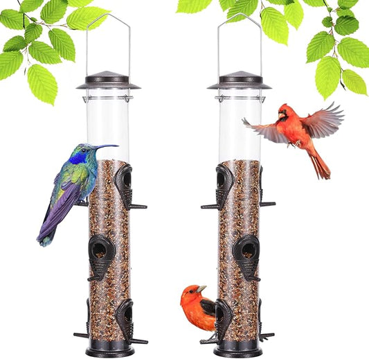 Metal Bird Feeder Tube Hanging Wild Bird Seed Feeder Aluminum Six Port Bird Feeders,1.4 mm Extra Thick Solid Tube Transparent with Steel Hanger Great for Attracting Birds (Coffee 2PK)