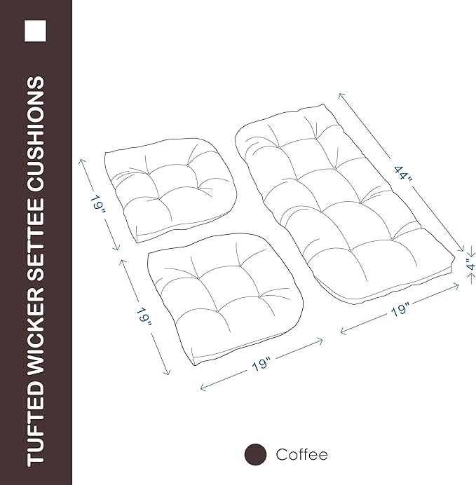 Outdoor/Indoor All Weather Tufted Wicker Chair Cushions of 3 Pieces, 1 Loveseat and 2 U-Shape Waterproof Cushions for Patio Furniture,Wicker Loveseat,Bench-Coffee