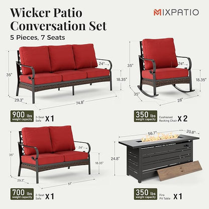 Patio Furniture Set with Firepit Table, Black Frame Outdoor Conversation Set with 2 x Rocking Chairs, 1 x 2-Seat Sofa, 1 x 3-Seat Sofa for Lawn Garden Backyard, Red