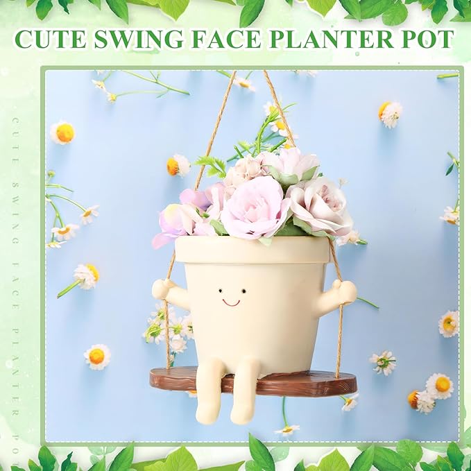 Nuogo 3 Pack Hanging Swing Chair Planter Pots Cute Wall Hanging Planter Pot Swing Face Pot with Drainage Holes Head Pots for Indoor Outdoor Plant Home Decor(Fashiom)