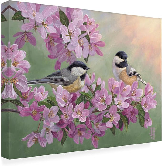 Outdoor Canvas Art - Jeff Hoff 'Spring Glow Chickadees' Wall Art for Outdoor Spaces, Patios, or Gardens by Trademark Fine Art
