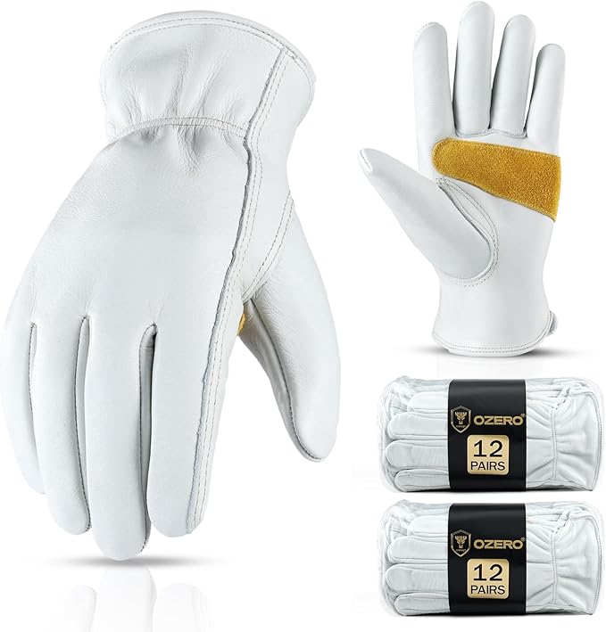 OZERO Leather Work Gloves for Men, Cowhide Gardening Gloves with Reinforced Palm, Flexible Keystone Thumb, Elastic Wrist