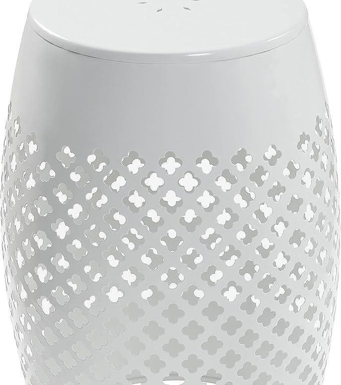 AC Pacific Outdoor Indoor Lace-Cut Iron Drum Side Table, Powder-Coated, Unique and Versatile Metal Pedestal Stand, Modern Contemporary Accent Piece, White