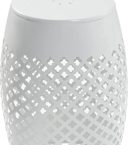 AC Pacific Outdoor Indoor Lace-Cut Iron Drum Side Table, Powder-Coated, Unique and Versatile Metal Pedestal Stand, Modern Contemporary Accent Piece, White