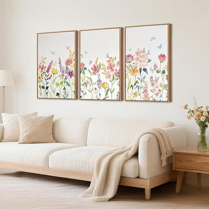 CHDITB Colorful Floral Framed Wall Art, Watercolor Flowers Wall Decor, Butterfly Flower Pictures Minimalist Wildflower Painting, Modern Home Art Prints for Girls Bedroom Living Room Office 24"x36"x3
