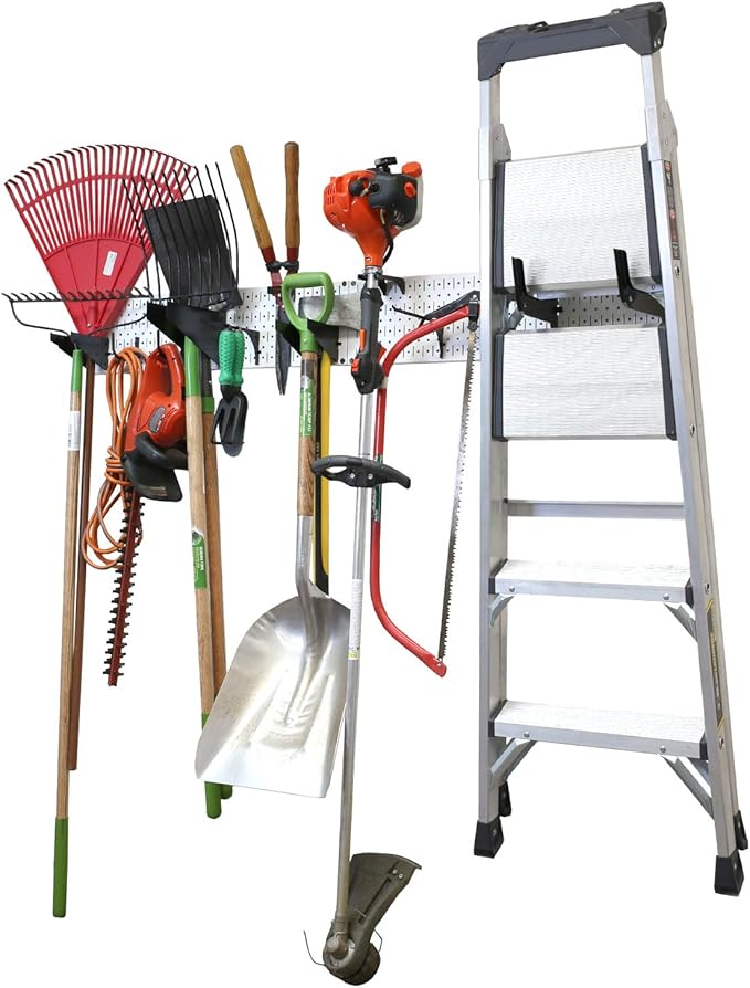 Wall Control Garage Storage Rack Lawn & Garden Tool Organization Wall Mount Organizer - Easy to Install 64" Wide Home & Garage Metal Peg Board Set (White Pegboard)