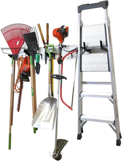 Wall Control Garage Storage Rack Lawn & Garden Tool Organization Wall Mount Organizer - Easy to Install 64" Wide Home & Garage Metal Peg Board Set (White Pegboard)