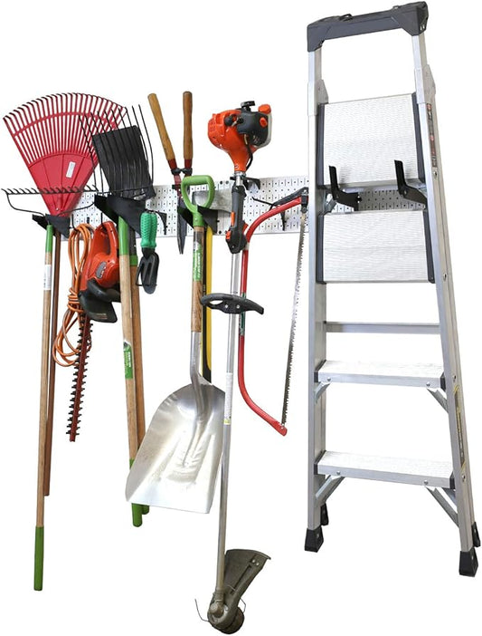 Wall Control Garage Storage Rack Lawn & Garden Tool Organization Wall Mount Organizer - Easy to Install 64" Wide Home & Garage Metal Peg Board Set (White Pegboard)