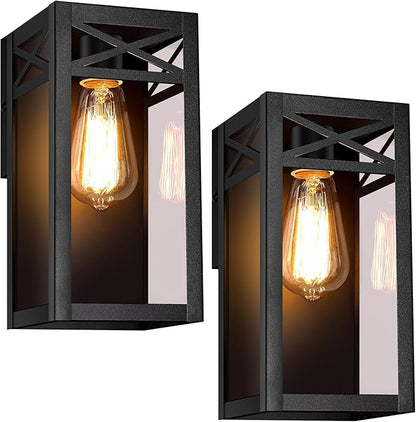 Outdoor Wall Light Fixtures, Exterior Waterproof Lanterns, Black Porch Lights with Glass Shade, Sconces Wall Mount Lighting with E26 Socket, Anti-Rust Wall Lamps for Patio Front Door Entryway, 2-Pack