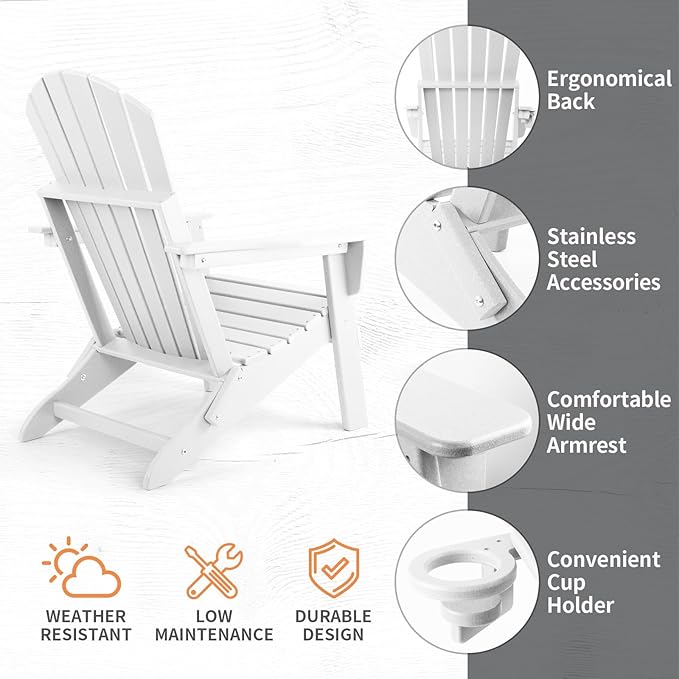 FUNBERRY Folding Adirondack Chair Set of 2, All Weather HDPE Fire Pit Chairs with Cup Holder for Outdoor