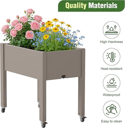 Elevated Raised Garden Bed with Wheels - Outdoor Mobile Resin Planter Box with Drainage Holes for Vegetables Flower Herbs, Weather Resistant (Gray)