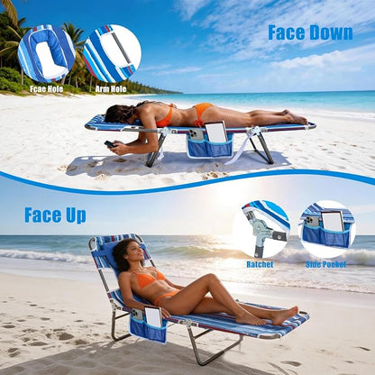 SUNNYFEEL Beach Lounge Chair, Reclining Beach Chairs Lay Flat, Sun Face Down Tanning Chair, Folding Camping Chairs Portable Camp Cot with Straps for Outdoor/Picnic/Lawn
