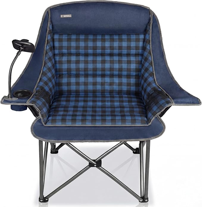 Oversized Camping Chairs for Adults- Heavy Duty Extra Large Lawn Chair,Folding Comfy Padded Camp Chair for Outdoor Sports Garden Beach Fishing,Wide&Thick,Blue Plaid