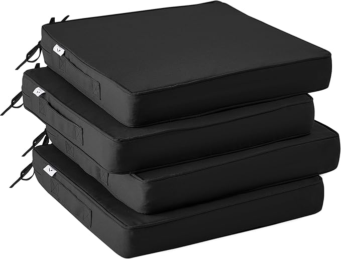 Outdoor Chair Cushions Set of 4,Waterproof Outdoor Seat Cushions for Patio Furniture,Patio Chair Cushion with Handle and Ties, Square Out Door Chair Pads,18.5" x 16" x 3", Black