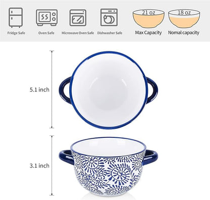 Selamica Ceramic Soup Bowls with Handles, French Onion Soup Crocks 20 OZ, Oven Safe Soup Bowls for French Onion, Chili, Beef Stew, Cereal, Pot Pies, Set of 4, Vintage Blue
