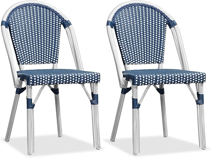 PURPLE LEAF Dining Chair Set of 2 Outdoor French Bistro Chairs Hand-Woven Aluminum Wicker Rattan Chairs for Garden Kitchen Backyard Porch White Print Finish Patio Chairs Deep Blue