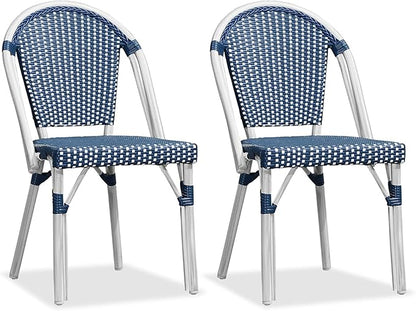 PURPLE LEAF Dining Chair Set of 2 Outdoor French Bistro Chairs Hand-Woven Aluminum Wicker Rattan Chairs for Garden Kitchen Backyard Porch White Print Finish Patio Chairs Deep Blue