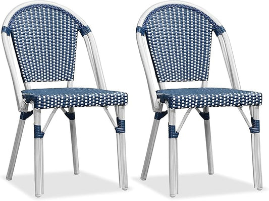PURPLE LEAF Dining Chair Set of 2 Outdoor French Bistro Chairs Hand-Woven Aluminum Wicker Rattan Chairs for Garden Kitchen Backyard Porch White Print Finish Patio Chairs Deep Blue